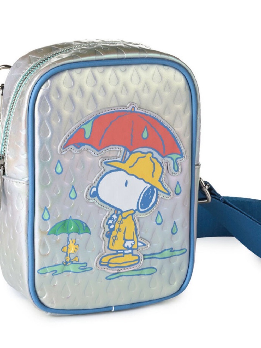 Loungefly Peanuts Snoopy Yellow Raincoat 75th Anniversary Crossbody Bag silver